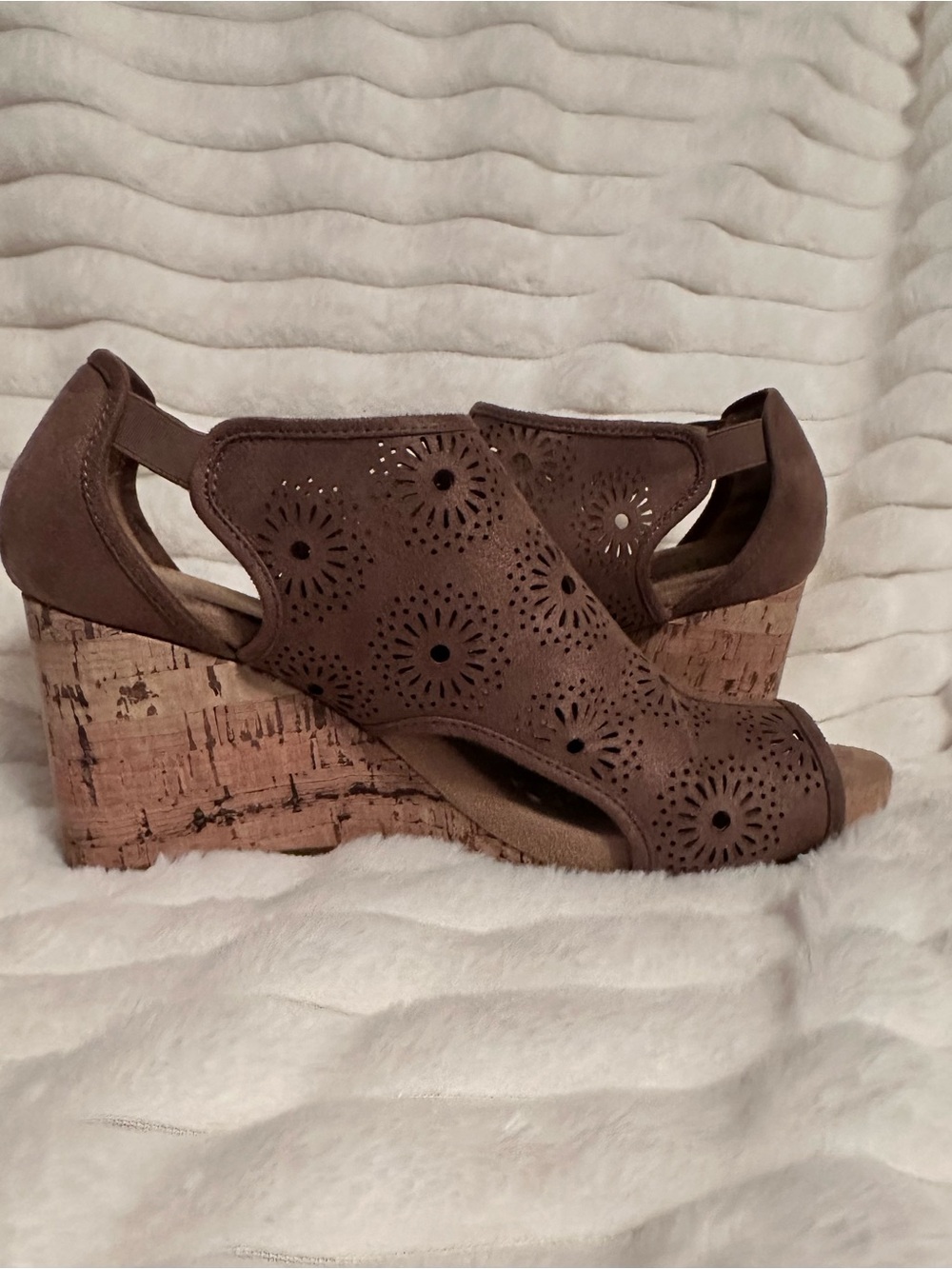 Life Stride Brown Laser-Cut Peep-Toe Cork Wedge Sandals - Picture 3 of 5
